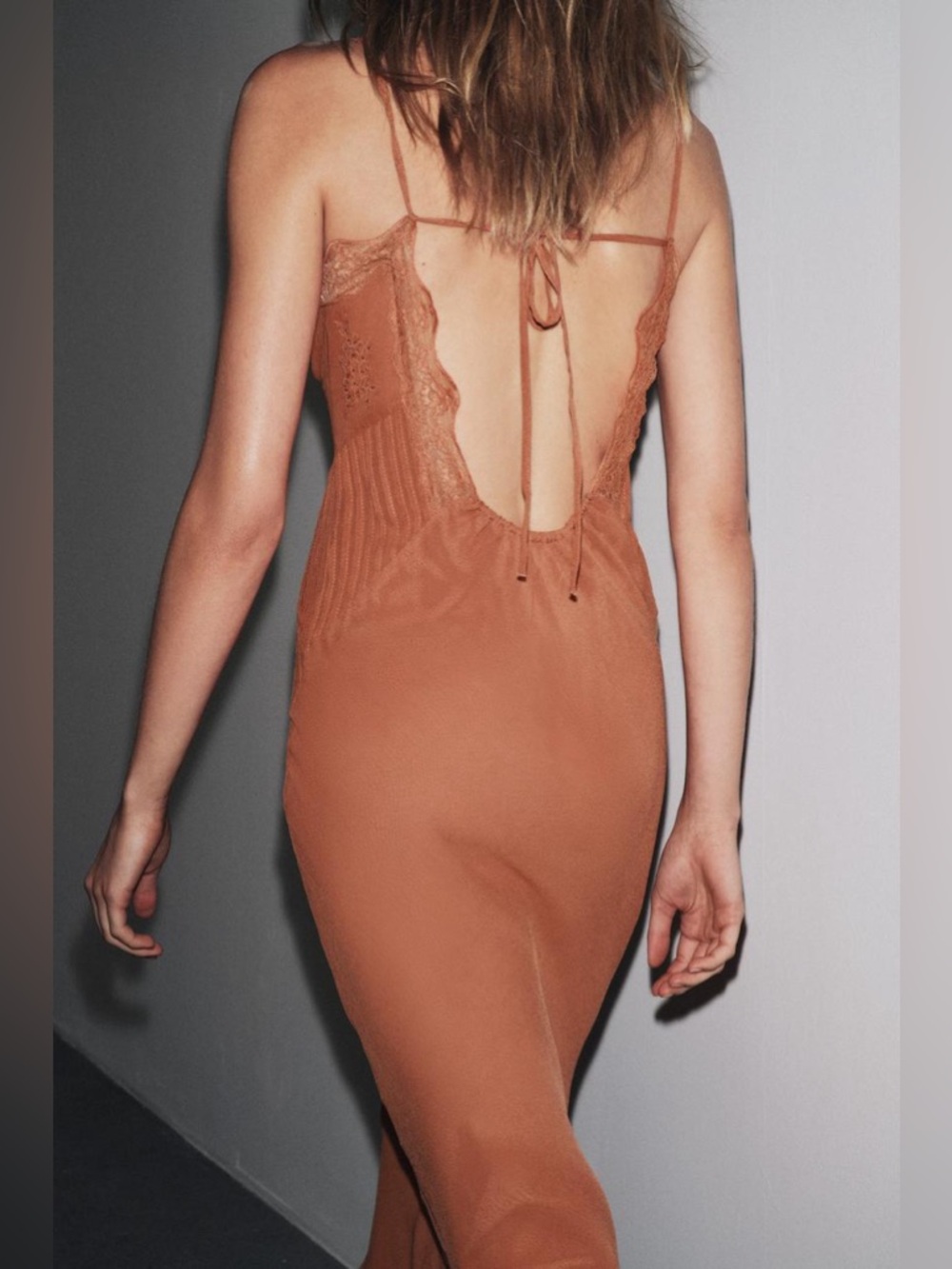 Zara Lace Trim Satin Midi Slip Dress Open Back Rust Boho NWT M - Picture 2 of 10